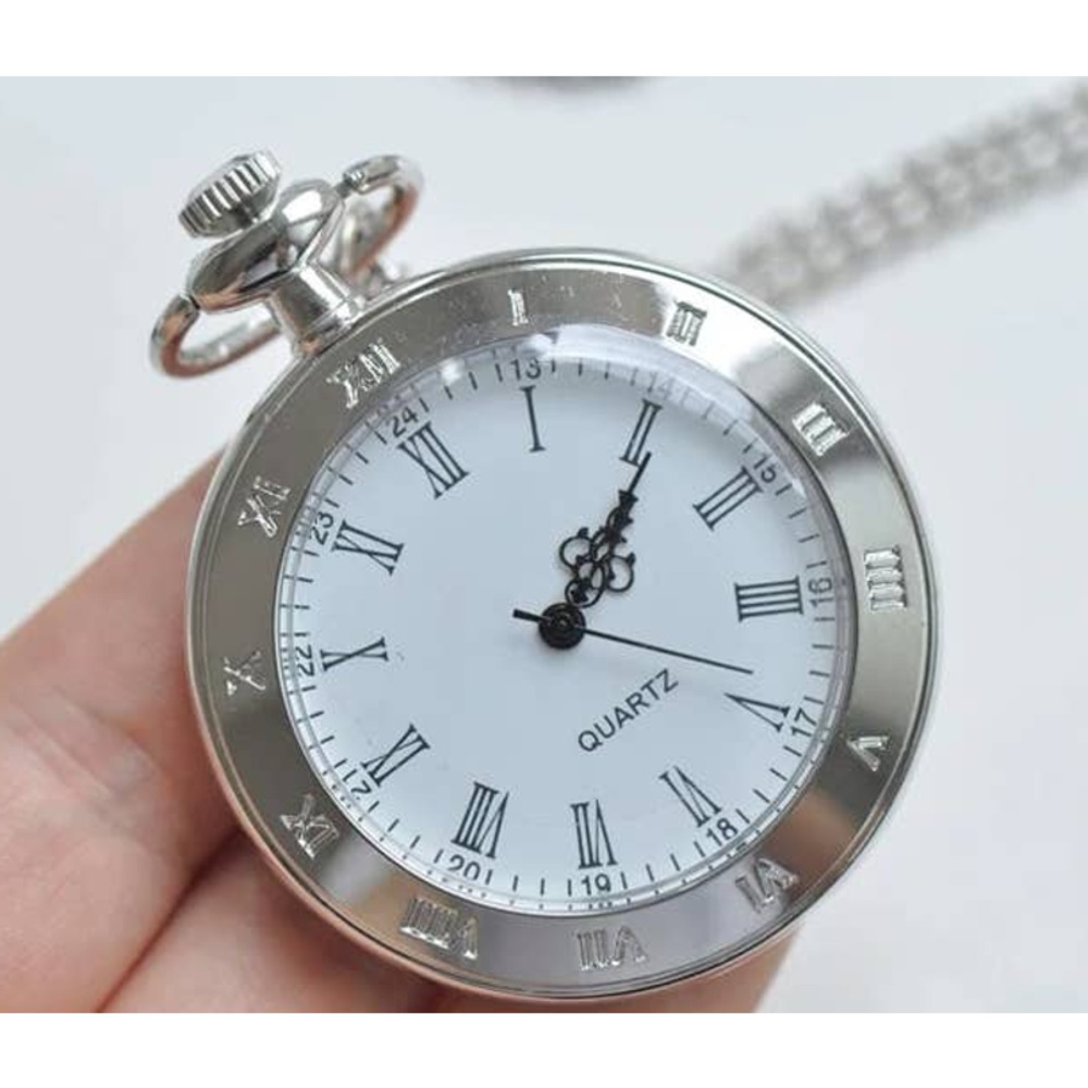 Polished Silver Open Face Deco Roman Numerals Pocket Watch NEW Gift